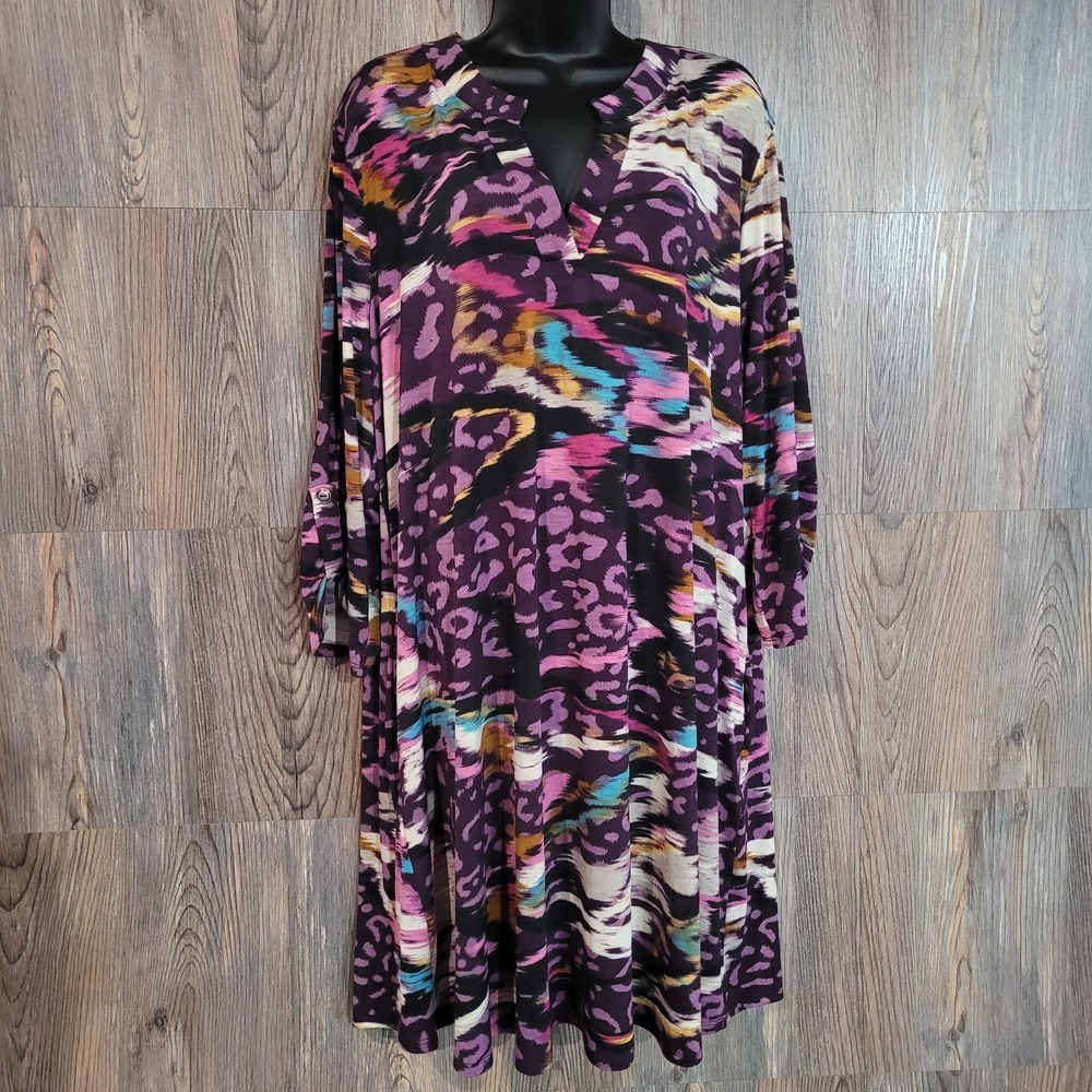 Dear Scarlett Lightweight Tunic Dress 2X Purple Abstract Animal Print Roll Tab